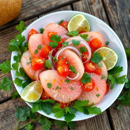 A vibrant and visually appealing plate of white pomelo salad, beautifully arranged with slices of ripe pomelo, cherry tomatoes, thinly sliced red onion, fresh cilantro leaves, and drizzled with a light citrus vinaigrette