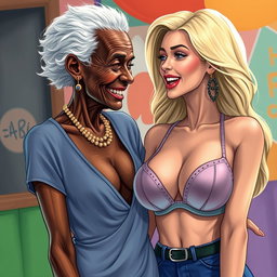 A realistic and vibrant illustration featuring an elderly African woman, aged 90, with unique and weathered features, who has a slender frame