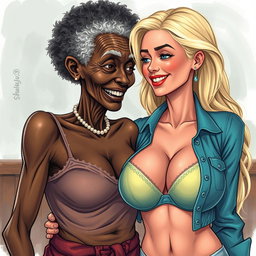 A realistic and vibrant illustration featuring an elderly African woman, aged 90, with unique and weathered features, who has a slender frame