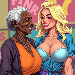 A realistic and vibrant illustration featuring an elderly African woman, aged 90, with unique and weathered features, who has a slender frame