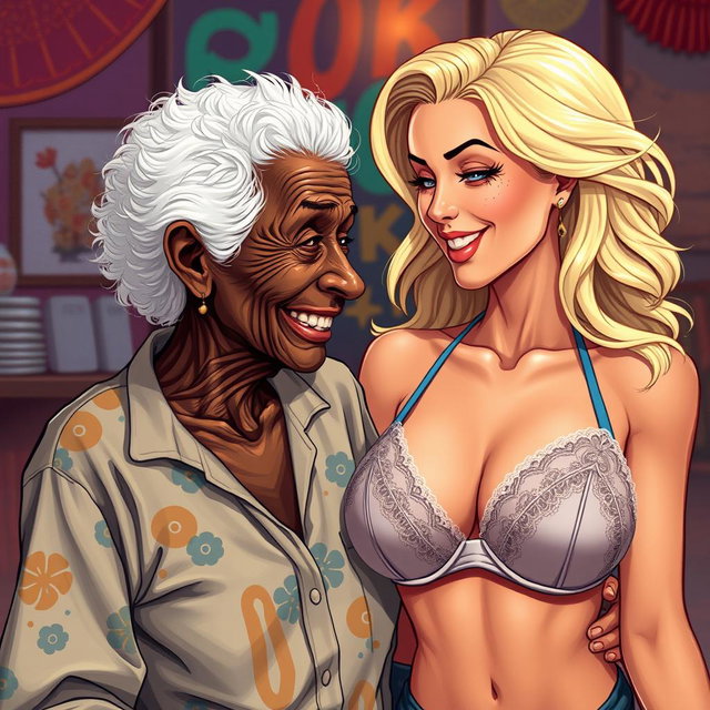 A realistic and vibrant illustration featuring an elderly African woman, aged 90, with unique and weathered features, who has a slender frame