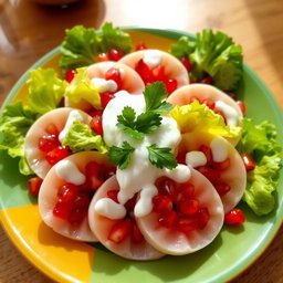 A beautifully arranged plate of white pomelo salad, featuring fresh pomegranate seeds and crisp lettuce, with all the ingredients generously drizzled in creamy yogurt