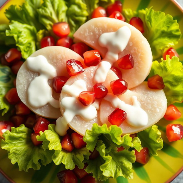 A beautifully arranged plate of white pomelo salad, featuring fresh pomegranate seeds and crisp lettuce, with all the ingredients generously drizzled in creamy yogurt