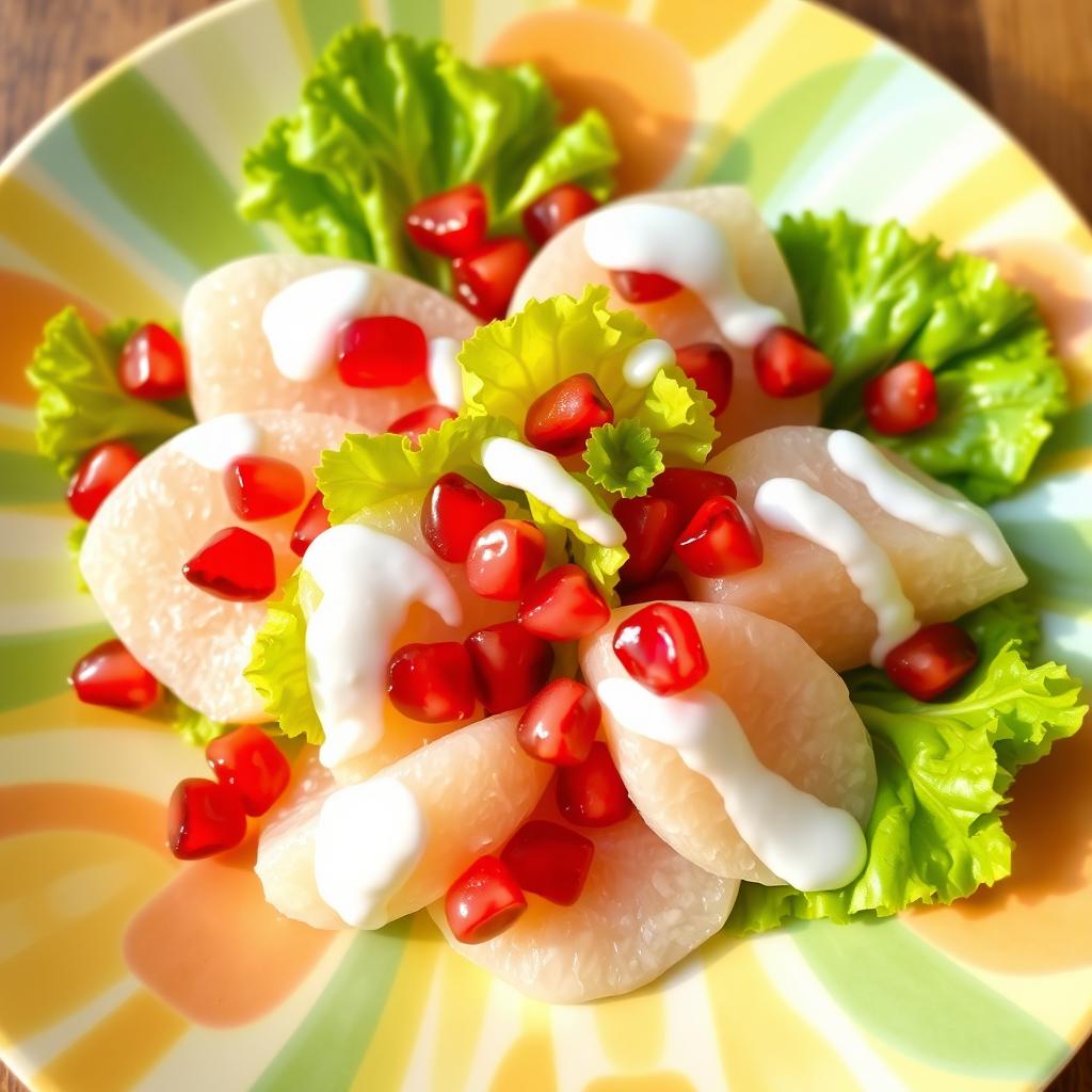 A beautifully arranged plate of white pomelo salad, featuring fresh pomegranate seeds and crisp lettuce, with all the ingredients generously drizzled in creamy yogurt
