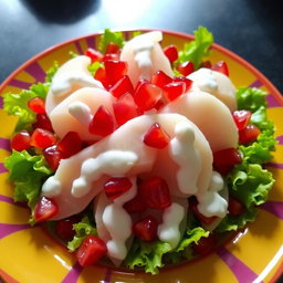 A beautifully arranged plate of white pomelo salad, featuring fresh pomegranate seeds and crisp lettuce, with all the ingredients generously drizzled in creamy yogurt