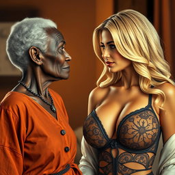A realistic and vivid portrayal of an elderly African woman, aged 90, with unique features and a slender frame, gazing intently and admiringly at a beautiful blonde woman who showcases extraordinarily large breasts