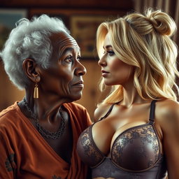 A realistic and detailed portrayal of an elderly African woman, aged 90, with unique and weathered features, gazing intently with admiration at a beautiful blonde woman