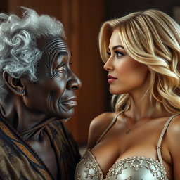 A realistic and detailed portrayal of an elderly African woman, aged 90, with unique and weathered features, gazing intently with admiration at a beautiful blonde woman