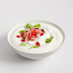 A stylish and modern presentation of a white pomelo salad with pomegranate and lettuce, completely immersed in a rich, thick layer of creamy yogurt that envelops all the ingredients, creating a smooth and uniform surface