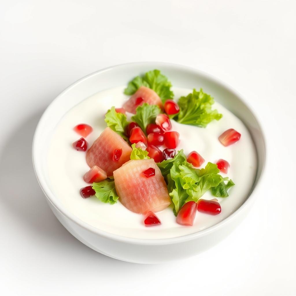 A stylish and modern presentation of a white pomelo salad with pomegranate and lettuce, completely immersed in a rich, thick layer of creamy yogurt that envelops all the ingredients, creating a smooth and uniform surface