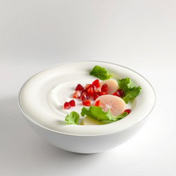 A stylish and modern presentation of a white pomelo salad with pomegranate and lettuce, completely immersed in a rich, thick layer of creamy yogurt that envelops all the ingredients, creating a smooth and uniform surface
