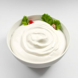 A stylish and modern presentation of a white pomelo salad with pomegranate and lettuce, completely immersed in a rich, thick layer of creamy yogurt that envelops all the ingredients, creating a smooth and uniform surface