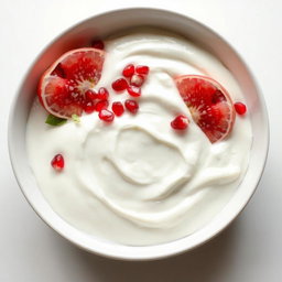 A stylish and modern image of a white pomelo salad with pomegranate and lettuce, fully submerged in a rich, thick layer of creamy yogurt