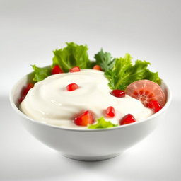 A stylish and modern image of a white pomelo salad with pomegranate and lettuce, fully submerged in a rich, thick layer of creamy yogurt