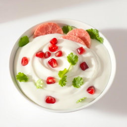 A stylish and modern image of a white pomelo salad with pomegranate and lettuce, fully submerged in a rich, thick layer of creamy yogurt