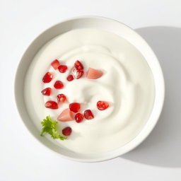 A stylish and modern image of a white pomelo salad with pomegranate and lettuce, fully submerged in a rich, thick layer of creamy yogurt