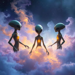 A captivating scene featuring extraterrestrial beings amidst swirling cosmic dust