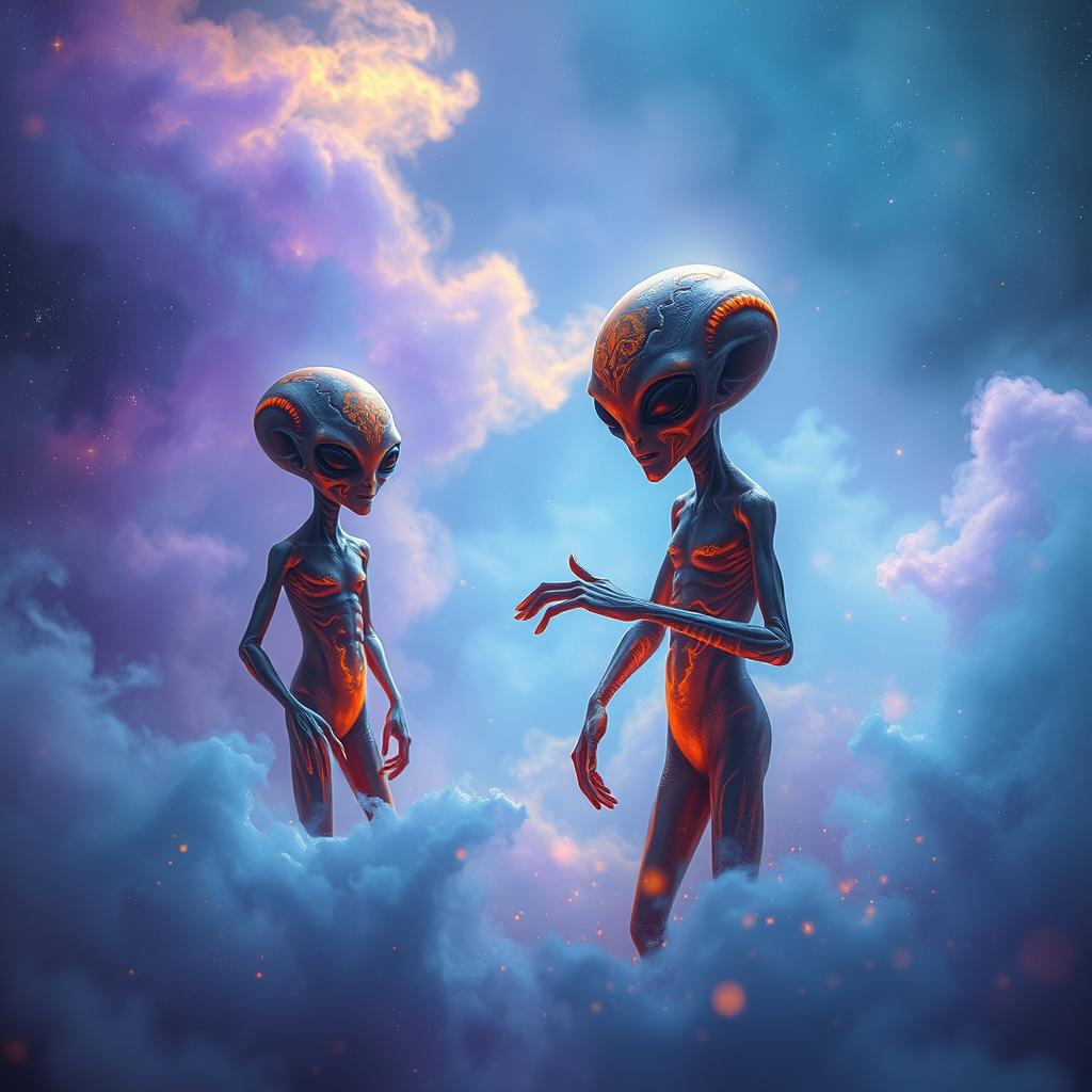 A captivating scene featuring extraterrestrial beings amidst swirling cosmic dust