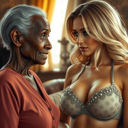 A realistic and expressive depiction of an elderly African woman, aged 90, with a slender frame and distinctive features, including noticeable dental issues