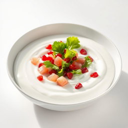 A stylish and modern image of a white pomelo salad with pomegranate and lettuce, fully submerged in a rich, thick layer of creamy yogurt