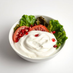A stylish and modern image of a white pomelo salad with pomegranate and lettuce, fully submerged in a rich, thick layer of creamy yogurt