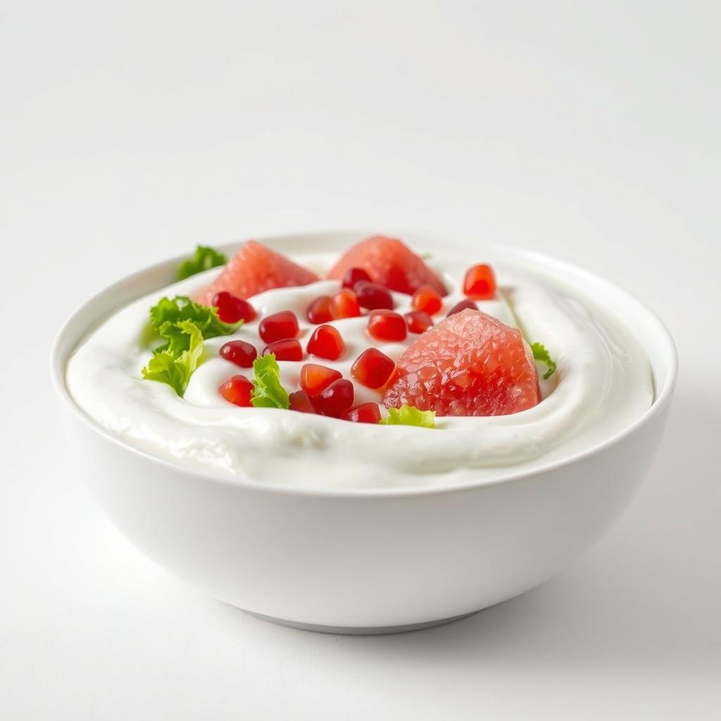 A stylish and modern image of a white pomelo salad with pomegranate and lettuce, fully submerged in a rich, thick layer of creamy yogurt