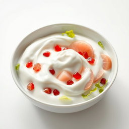 A stylish and modern image of a white pomelo salad with pomegranate and lettuce, fully submerged in a rich, thick layer of creamy yogurt