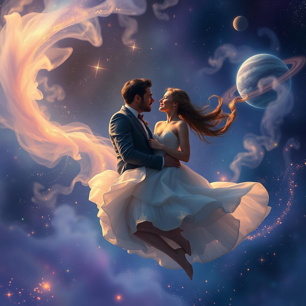 A romantic and enchanting scene of a human couple floating gracefully amidst swirling cosmic dust