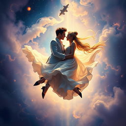 A romantic and enchanting scene of a human couple floating gracefully amidst swirling cosmic dust