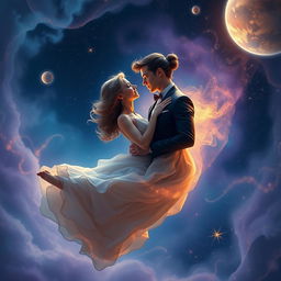 A romantic and enchanting scene of a human couple floating gracefully amidst swirling cosmic dust