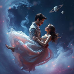 A romantic and enchanting scene of a human couple floating gracefully amidst swirling cosmic dust