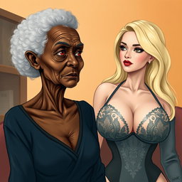 A realistic and expressive illustration of a 90-year-old African woman, with a slender frame and distinct features, including visible dental issues