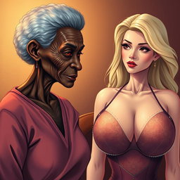 A realistic and expressive illustration of a 90-year-old African woman, with a slender frame and distinct features, including visible dental issues