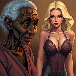 A realistic and expressive illustration of a 90-year-old African woman, with a slender frame and distinct features, including visible dental issues