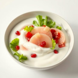A stylish and modern image of a white pomelo salad with pomegranate and lettuce, completely submerged in a rich layer of yogurt