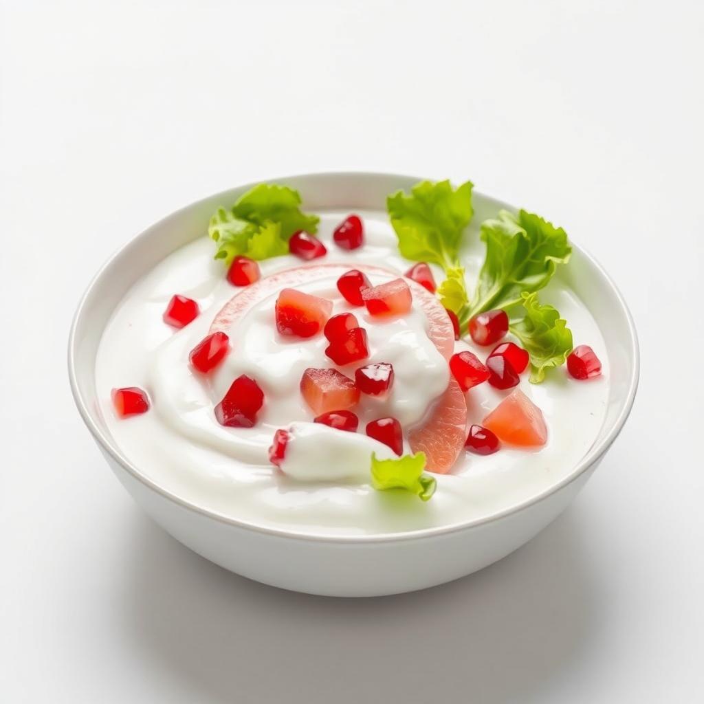 A stylish and modern image of a white pomelo salad with pomegranate and lettuce, completely submerged in a rich layer of yogurt
