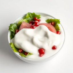 A stylish and modern image of a white pomelo salad with pomegranate and lettuce, completely submerged in a rich layer of yogurt