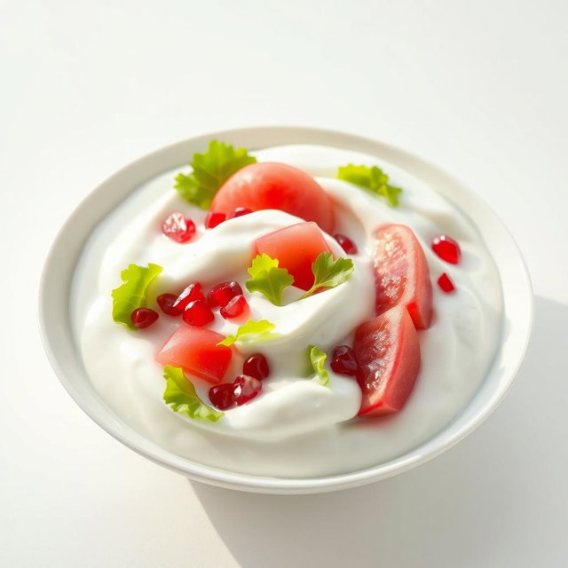 A stylish and modern image of a white pomelo salad with pomegranate and lettuce, completely submerged in a rich layer of yogurt