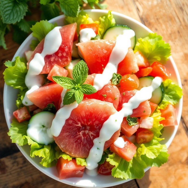 A vibrant and refreshing pomelo salad drizzled with creamy yogurt dressing