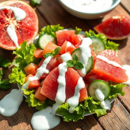 A vibrant and refreshing pomelo salad drizzled with creamy yogurt dressing
