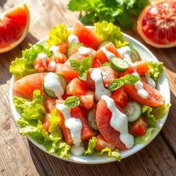 A vibrant and refreshing pomelo salad drizzled with creamy yogurt dressing