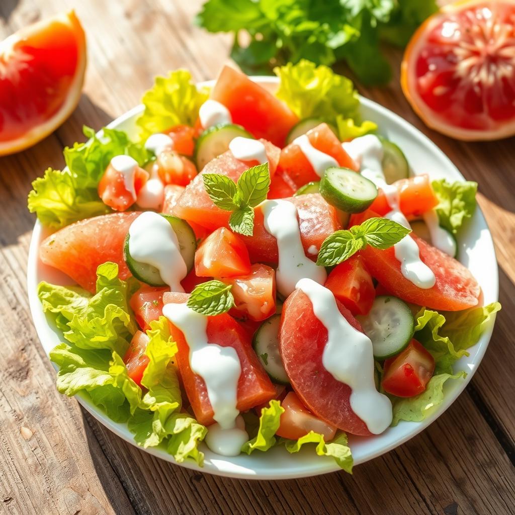 A vibrant and refreshing pomelo salad drizzled with creamy yogurt dressing