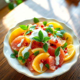 A vibrant and colorful image of a pomelo salad, featuring juicy, sliced pomelo segments, fresh mint leaves, and a creamy yogurt dressing drizzled on top