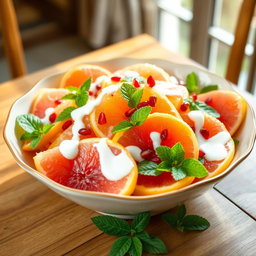 A vibrant and colorful image of a pomelo salad, featuring juicy, sliced pomelo segments, fresh mint leaves, and a creamy yogurt dressing drizzled on top