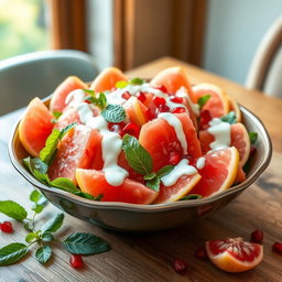 A vibrant and colorful image of a pomelo salad, featuring juicy, sliced pomelo segments, fresh mint leaves, and a creamy yogurt dressing drizzled on top