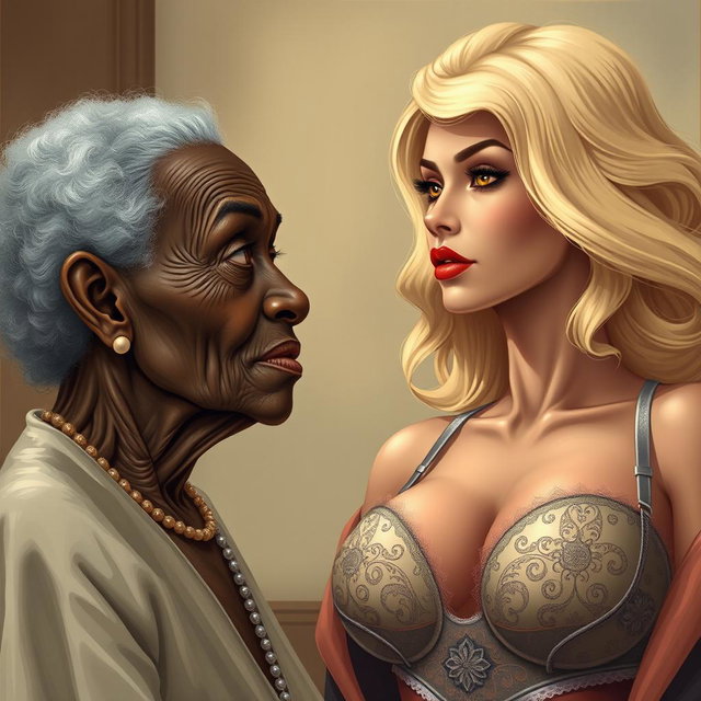 A highly detailed and realistic illustration of a 90-year-old African woman, slender with prominent features and noticeable dental issues, gazing fixedly with a wistful expression