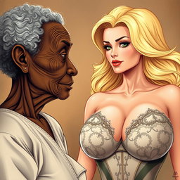 A highly detailed and realistic illustration of a 90-year-old African woman, slender with prominent features and noticeable dental issues, gazing fixedly with a wistful expression