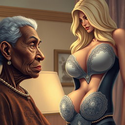 A highly detailed and realistic illustration of a 90-year-old African woman, slender with prominent features and noticeable dental issues, gazing fixedly with a wistful expression