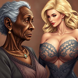 A highly detailed and realistic illustration of a 90-year-old African woman, slender with prominent features and noticeable dental issues, gazing fixedly with a wistful expression