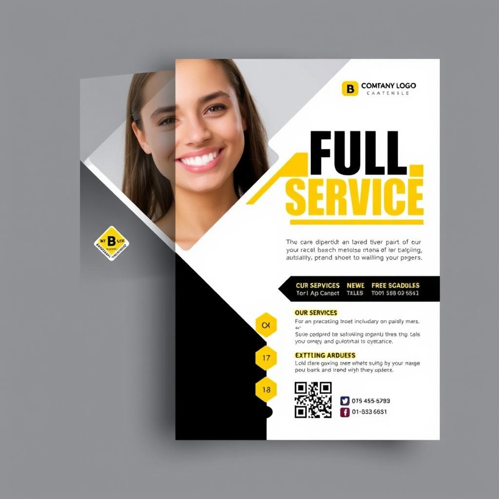 A modern, professional vertical flyer design featuring a close-up of a smiling person's face at the top, cropped with angular geometric shapes